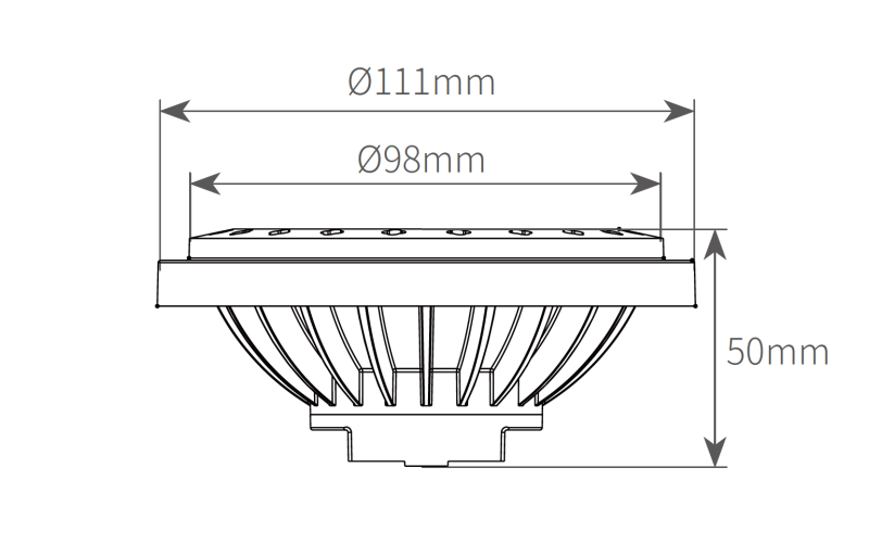 Technical dimension drawing of AR111-B shallow recessed grille light showing Ø111mm outer diameter and 50mm mounting depth.